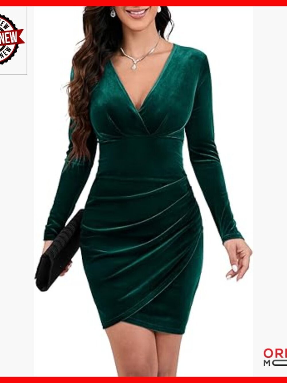 Velvet Bodycon Cocktail Dress Long Sleeve V Neck Ruched Wrap